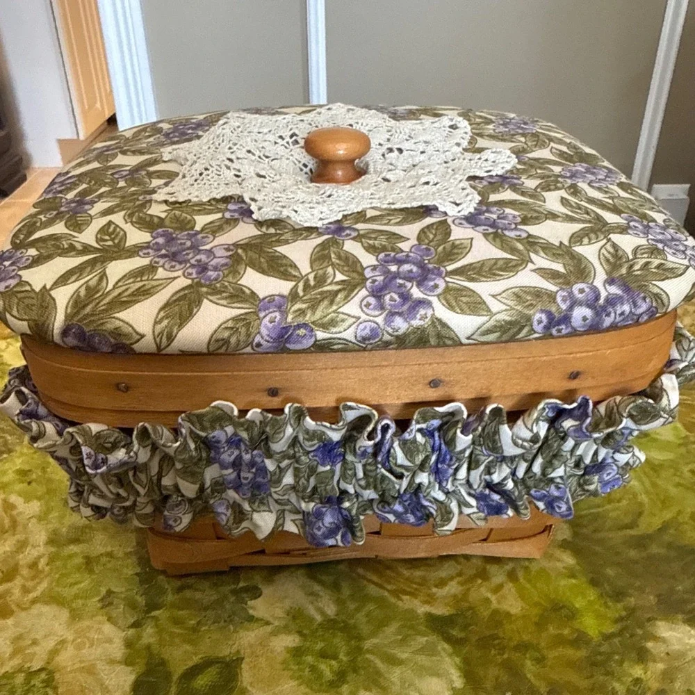 Longaberger 1998 Square Basket Heart of Dresden Blueberry Floral Lid & Liner